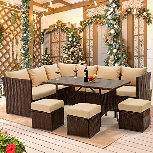 UMAX 7 Pieces Patio Furniture Set Outdoor Sectional Sofa Conversation Set All Weather Wicker Rattan Couch Dining Table  Chair with Ottoman Brown