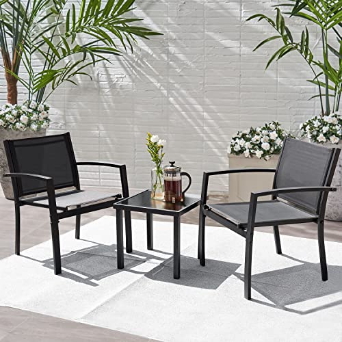 Greesum 3 Pieces Patio Furniture Set Outdoor Conversation Textilene Fabric Chairs for Lawn Garden Balcony Poolside with A Glass Coffee Table Black