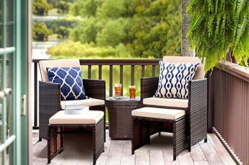 KaiMeng 4 Pieces Patio Furniture Space Saving Outdoor Brown Black Wicker Rattan Dining Sofa Chairs Cushioned Balcony Porch Sets with Ottomans (Beige)