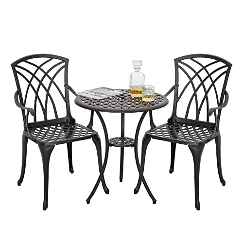 Nuu Garden 3 Piece Patio Bistro Sets Cast Aluminum Bistro Table Set Outdoor Patio Furniture with Umbrella Hole for Patio Balcony Black