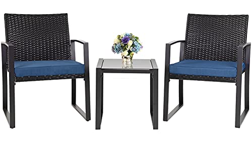 Oakmont 3 Pieces Patio Furniture Set Outdoor Wicker Conversation Set Modern Bistro Set Black Rattan Balcony Chair Sets with Coffee Table for Yard and Bistro(Navy Blue)