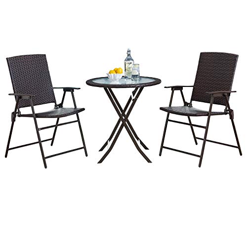 Rimba Outdoor 3 Pieces Wicker Folding Bistro Set Balcony Table and Chairs Sets Garden Backyard Furniture