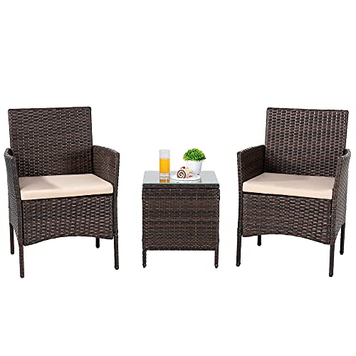 SUNLEI 3 Pieces Outdoor Patio Furniture SetWicker Bistro Set Outdoor Patio Set Rattan Chair Conversation Sets with Table for Yard Backyard Lawn Porch Poolside Balcony