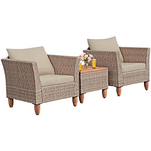 Tangkula 3 Piece Patio Furniture Set Outdoor Wicker Rattan Bistro Sofa Set wWashable Cushion Acacia Wood Top Coffee Table Conversation Set wAdjustable Feet for Balcony Backyard Porch (Brown)