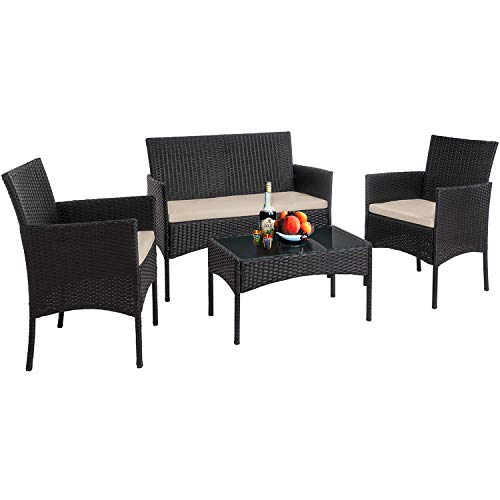 Vnewone Outdoor Patio Furniture Sets 4 Pieces Patio Set Rattan Chair Wicker Sofa Conversation Set Patio Chair Wicker Set with Table Backyard Lawn Porch Garden Poolside Balcony Furniture (Black)