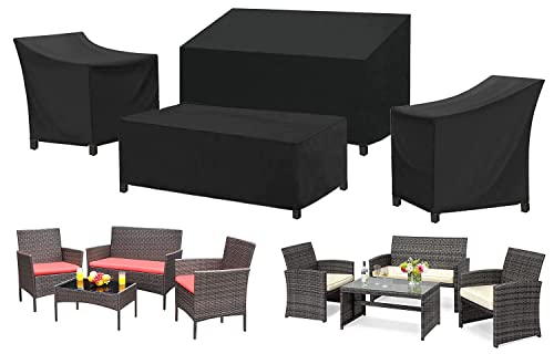 SIRUITON Patio Furniture Cover Set Fit for 4 Pieces Patio Outdoor Rattan Wicker Chair Conversation Furniture SetsHeavy Duty Durable and Water Resistant Fabric (Black)
