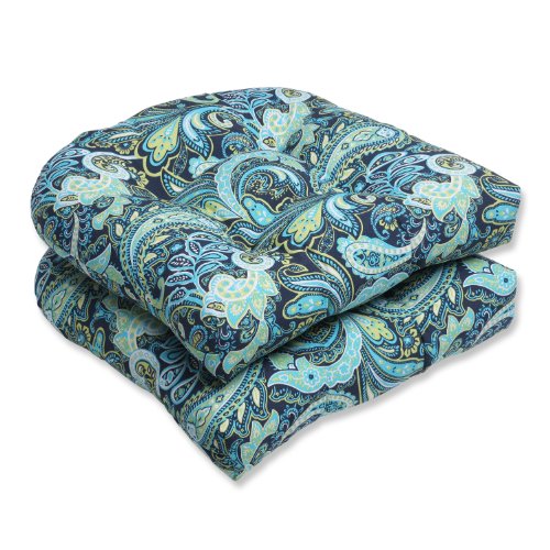 Pillow Perfect Outdoor Pretty Paisley Wicker Seat Cushion Blue Set of 2