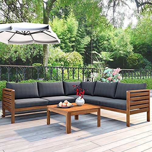 4 Piece Outdoor Patio Furniture Set Acacia Wood Sectional Sofa wSeat Cushions Patio Sectional Conversation Seat with Couches and Coffee Table
