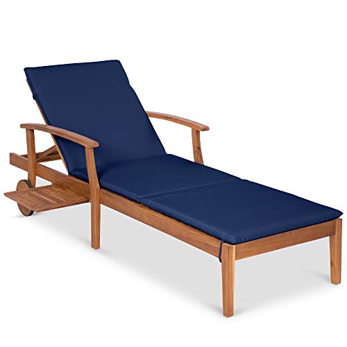 Best Choice Products 79x30inch Acacia Wood Chaise Lounge Chair Recliner Outdoor Furniture for Patio Poolside wSlideOut Side Table FoamPadded Cushion Adjustable Backrest Wheels  Navy Blue