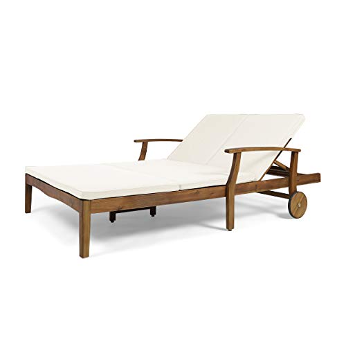 Great Deal Furniture Samantha Double Chaise Lounge for Yard and Patio Acacia Wood Frame Teak Finish with Cream Cushions