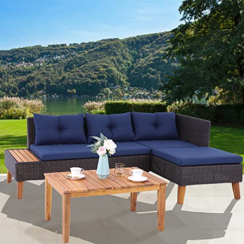 MFSTUDIO 3 Pieces Patio Rattan Furniture Set，Outdoor Wicker and Acacia Wood Sectional Sofa Set for GardenBackyardPoolside(Navy Blue)