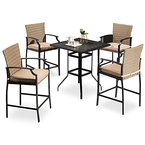Mcombo 5 Piece Patio Dining Set Outdoor Steel Dining Table Set Wicker Furniture Set with Square Steel Wood Grain Table and 4 Arm Chairs for Garden Backyard Bistro and Deck 6084DS28BK