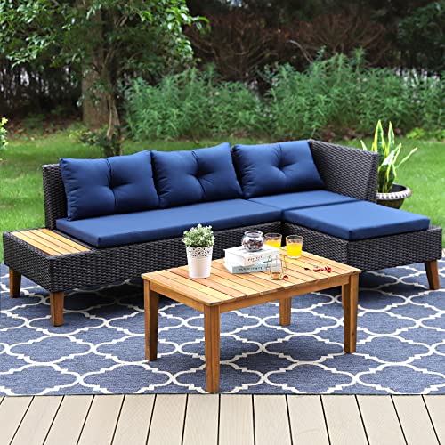 Sophia  William Outdoor Patio Sectional Furniture Set AllWeather Wicker Rattan Outdoor Sofa Set with Acacia Wood Rectangle Table  Builtin Side Table(3 Piece Blue)