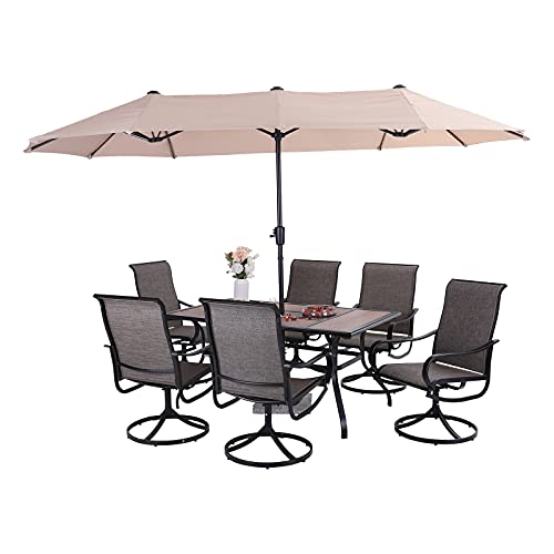 Sophia  William Patio Dining Set 8 Pieces Outdoor Metal Furniture Set with 13ft DoubleSided Patio Umbrella Beige 6 x Swivel Patio Dining Chairs 1 Wood Like Umbrella Table for Patio Lawn Garden