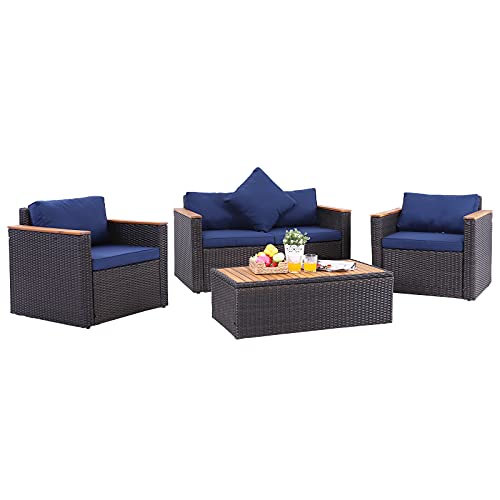 Sophia  William Patio Furniture Sectional Sofa Set with Acacia Wood Coffee Table 4 Piece Wicker Rattan Outdoor Conversation Chairs Set with Navy Blue WaterRepllent Cushions