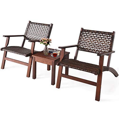 Tangkula 3 PCS Patio Conversation Set Solid Eucalyptus Wood Frame Outdoor Wicker Furniture Set Bistro Set with Coffee Table Rattan Furniture Set for Backyard Porch Garden Poolside Balcony (Brown)