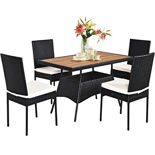 Tangkula 5 PCS Wicker Patio Dining Set Outdoor Rattan Table  Chairs Set with Padded Cushions Patio Furniture Dining Acacia Wood Table Set for Balcony Patio Garden Poolside (Wood Natural)