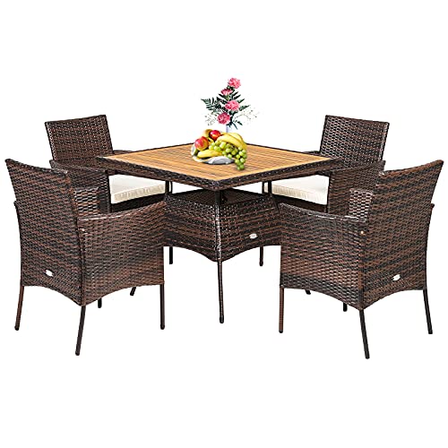 Tangkula 5 Pieces Wicker Patio Dining Set Outdoor Acacia Wood Dining Furniture with 4 Armrest Chairs  1 Dining Table Rattan Conversation Set with Cushions  Umbrella Hole for Backyard Garden Porch
