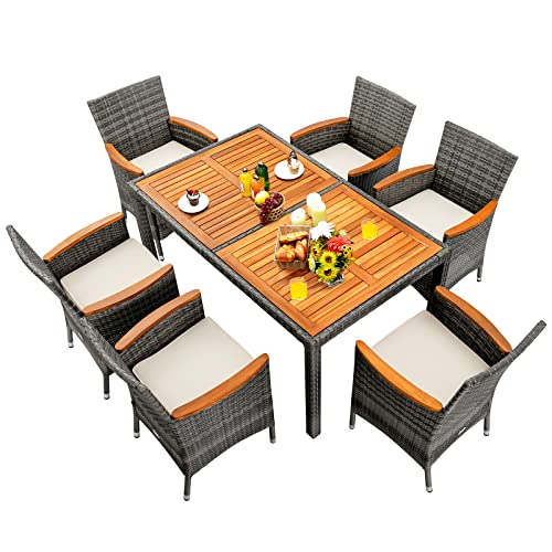 Tangkula 7 Pieces Outdoor Dining Furniture Set Patio Rattan Conversation Set with Spacious Acacia Wood Table 6 Chairs with Widened Armrests Nonslip Foot Pads Suitable for Backyard Poolside (Grey)