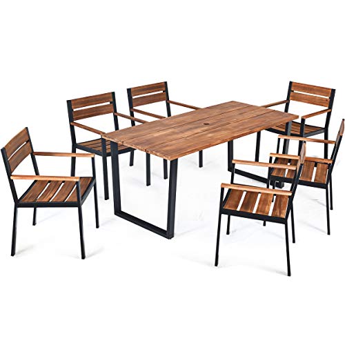 Tangkula 7PCS Outdoor Dining Set Patio Dining Furniture Set with Sturdy Steel Frame Large Rectangle Dining Table wAcacia Wood Top  Umbrella Hole 6 Ergonomic Chairs for Backyard Garden Outdoor