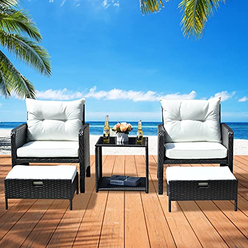 Apepro 5 Piece Patio Furniture Set Patio Conversation Sets Outdoor Wicker Furniture with Ottoman Outdoor Patio Chairs Furniture Wicker Patio Bistro Set for Backyard Pool Porch Deck White