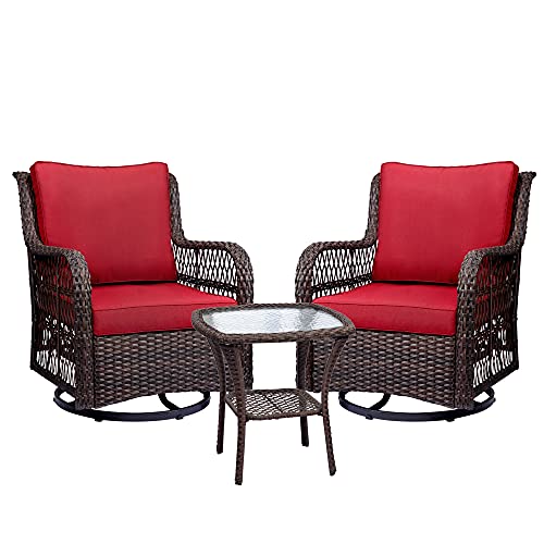 IDEALHOUSE 3 Pieces Outdoor Wicker Swivel Rocker Patio Set 360 Degree Swivel Rocking Chairs Elegant Wicker Patio Bistro Set with Premuim Cushions and Armored Glass Top Side Table for Backyard (Rust)