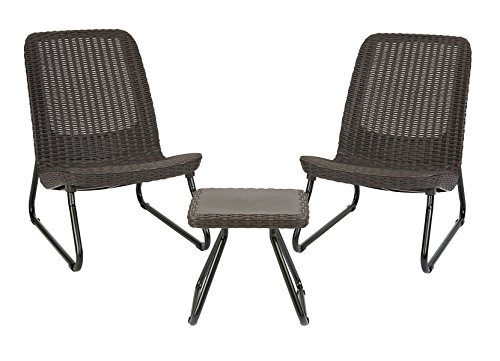 Keter Resin Wicker Patio Furniture Set with Side Table and Outdoor Chairs Whiskey Brown