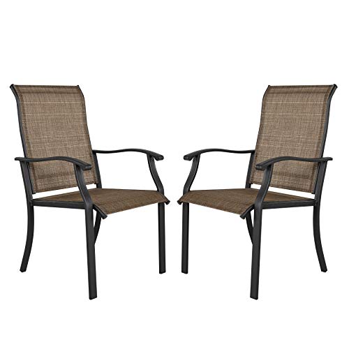 Nuu Garden Metal Dining Chairs Set of 2 Indoor Outdoor Patio Chairs with Arms Iron Frame and Textilene for Lawn Garden Backyard Porch Brown