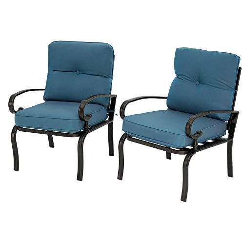 SUNCROWN 2Piece Outdoor Metal Furniture Patio Chairs Set of 2 AllWeather Bistro Seating Chairs Wrought Iron Dining Chair with Thick Olifen Fabric Cushion(Peacock Blue)