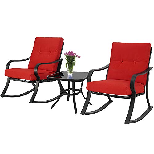 SUNCROWN Outdoor 3Piece Rocking Chairs Patio Bistro Set Black Steel Furniture with Red Thickened Cushion and GlassTop Coffee Table