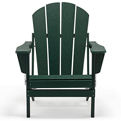 WO Outdoor Folding Poly Adirondack Chair for Backyard Lawn Patio Deck Garden Weather Resistant Polyethylene Plastic Lounger Dark Green