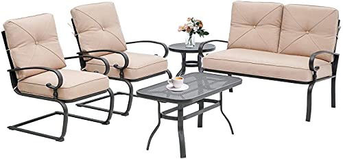 Betterland Outdoor Furniture 5Pcs Patio Conversation Sets with Loveseat 2 Spring Chairs Coffee Table and Bistro Table Wrought Iron Chair Set (Brown Cushions)