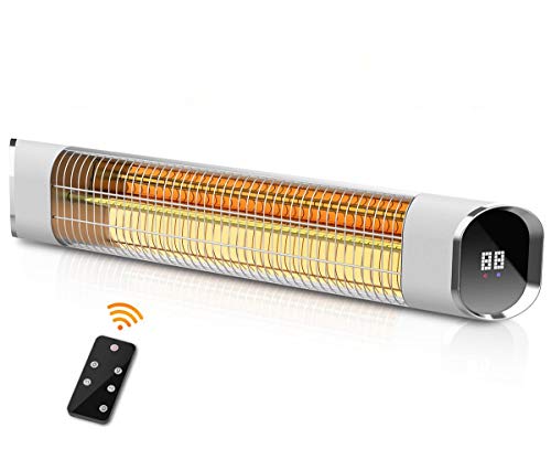 Electric Patio Heater Outdoor Infrared Heater Wall Mount with Aluminum Alloy Remote Control  LED Display Ideal For Backyard Porch Garage Super Quiet and 24H Timer Gold Tube Silver