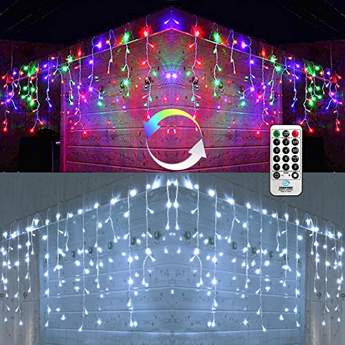 Icicle Christmas Lights 2 in 1 Multicolor  White Color Changing Icicle Lights with Remote 360 LED 295ft Window Fairy Lights with 60 Drops LED Christmas Lights for Home Party Outdoor Xmas Decor