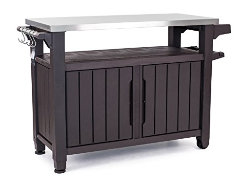 Keter Unity XL Portable Outdoor Table and Storage Cabinet with Hooks for Grill AccessoriesStainless Steel Top for Patio Kitchen Island or Bar Cart Espresso Brown