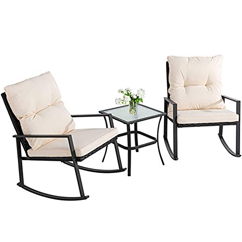 Walsunny 3 Pieces Patio Set Outdoor Wicker Patio Furniture Sets Modern Rocking Bistro Set Rattan Chair Conversation Sets with Coffee Table(Beige)