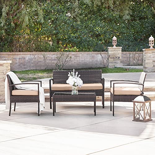 BELLEZE 4 Piece Rattan Sectional Patio Furniture Set with Seat Cushions Sofa Chairs  Coffee Table Wicker Outdoor Furniture Outside Seating for Summer  Brown