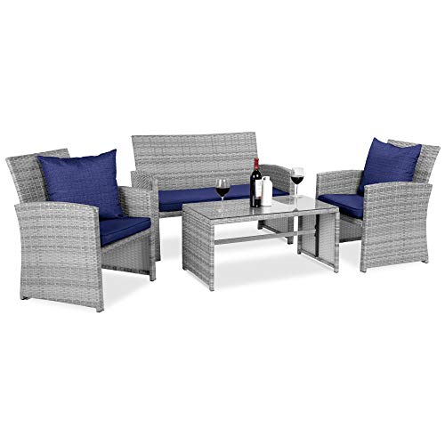 Best Choice Products 4Piece Wicker Patio Conversation Furniture Set w 4 Seats Tempered Glass Tabletop  Gray WickerNavy Cushions