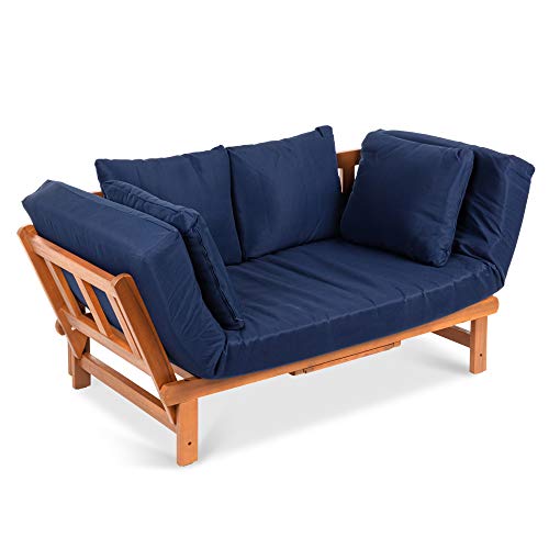 Best Choice Products Outdoor Convertible Acacia Wood Futon Sofa Furniture for Patio Balcony Poolside Backyard wPullout Tray Removable WeatherResistant Cushion  4 Pillows  Navy Blue