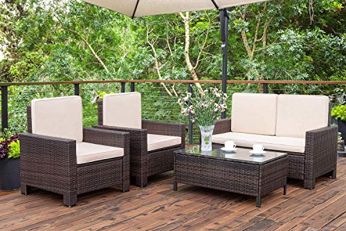 Homall 4 Pieces Outdoor Patio Furniture Sets Rattan Chair Wicker Conversation Sofa Set Outdoor Indoor Backyard Porch Garden Poolside Balcony Use Furniture (Beige)