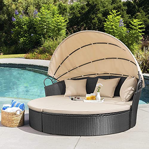 Homall Patio Furniture Outdoor Daybed with Retractable Canopy Rattan Wicker Furniture Sectional Seating with Washable Cushions for Patio Backyard Porch Pool Round Daybed Separated Seating (Beige)