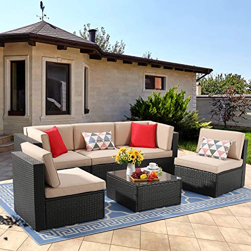 Vongrasig 6 Piece Small Patio Furniture Sets Outdoor Sectional Sofa All Weather PE Wicker Patio Sofa Couch Garden Backyard Conversation Set with Glass TableBeige Cushions and Red Pillows (Beige)