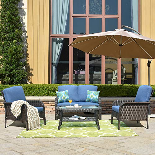 ovios 4 Pieces Outdoor Patio Furniture Sets Rattan Chair Wicker Set with CushionsTableOutdoor Indoor Backyard Porch Garden Poolside Balcony Furniture (BrownBlue)