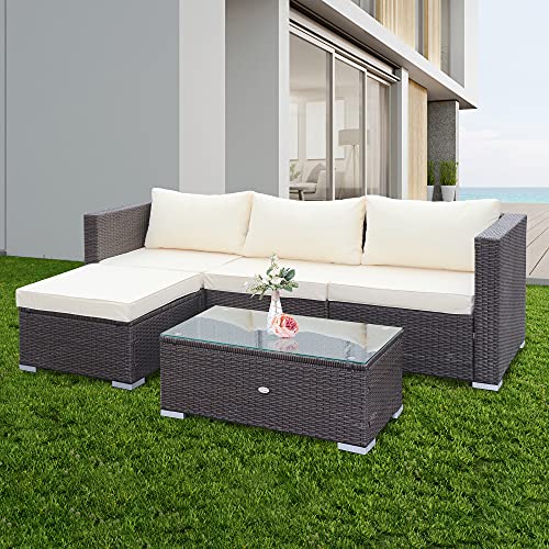 5 Pieces Patio Furniture Sets Outdoor Sectional Sofa Wicker Rattan Patio Set Lawn Conversation Furniture with Cushion and Glass Table (BrownBeige)