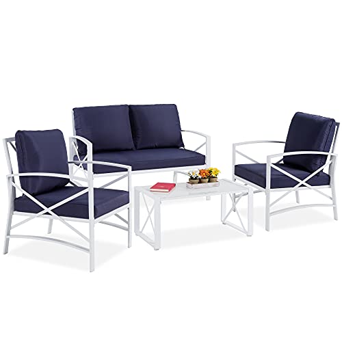 Best Choice Products 4Piece Patio Conversation Set Cushioned Metal Outdoor Furniture for Lawn Poolside Deck w 4 Seats Loveseat Sofa 2 Chairs Tempered Glass Top Coffee Table  WhiteNavy Blue