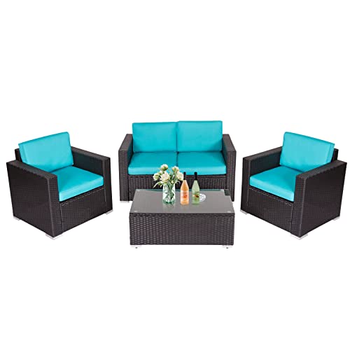Kinbor 4 PCs Rattan Patio Outdoor Furniture Set Garden Lawn Sofa Sectional Set Black