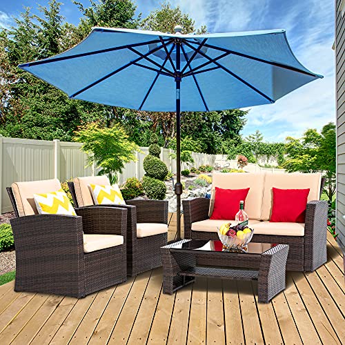 LayinSun 4 Piece Outdoor Patio Furniture Sets Wicker Conversation Sets Rattan Sofa Chair with Cushion for Backyard Lawn Garden (Brown)