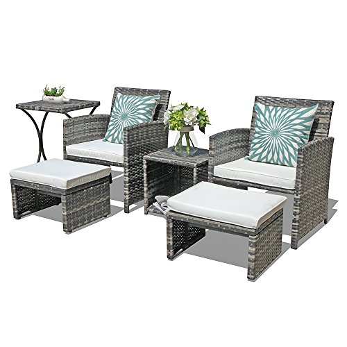 OC OrangeCasual Patio Furniture Conversation Set with Ottoman Grey Wicker Patio Set with Footstools Balcony Furniture for Apartments