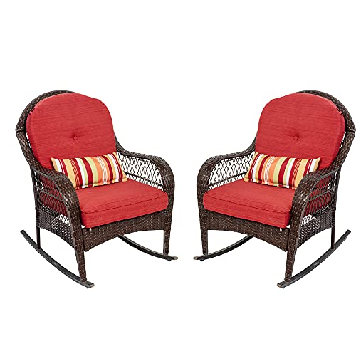 Sundale Outdoor Rocking Chairs Set of 22 Piece Patio Wicker Rocker Chairs with Olefin Cushions and Pillow Rocking Lawn Chair Wicker Patio Furniture  Steel Frame Brown Red