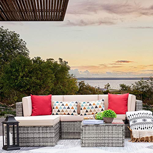 VICTONE 5 Pieces Patio Furniture Sectional Set Outdoor Clearance All Weather PE Rattan Wicker Lawn Conversation Sets Cushioned Garden Sofa Set (Grey)